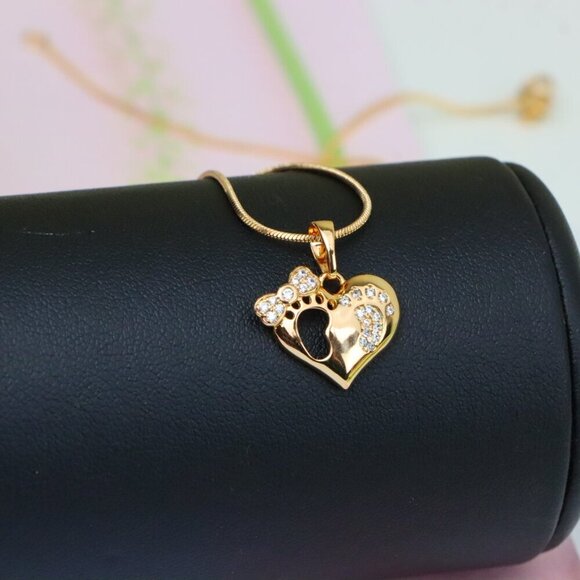 "Rose Gold Baby Footprint Heart Pendant with Sparkling CZ Accents, XPPT1249 - Picture 8 of 12